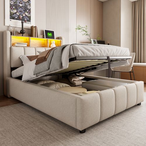 Lit Coffre Enfant 90x200cm, Tête De Lit Avec LED Et Rangement, Port USB Et Sommier, Lin, Beige