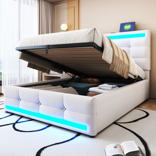 Lit Coffre LED 90x200cm, Lit Enfant Avec Sommier Relevable Et USB, Lin, Beige