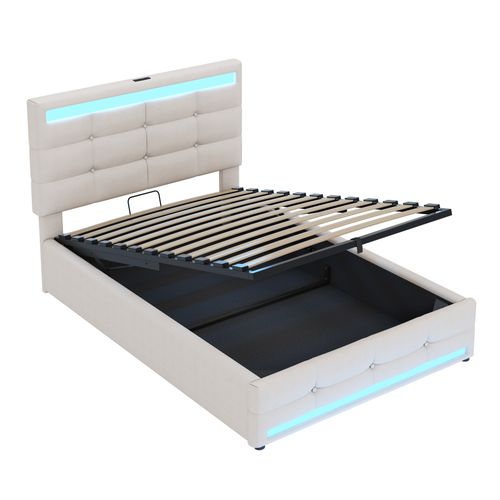 Lit Coffre LED 90x200cm, Lit Enfant Avec Sommier Relevable Et USB, Lin, Beige