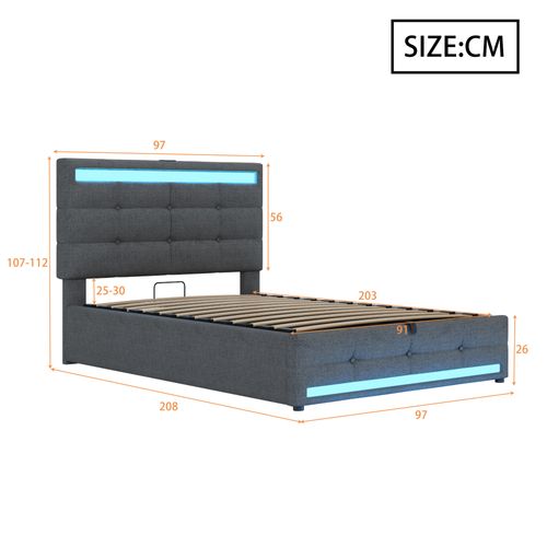 Lit Coffre LED 90x200cm, Lit Enfant Avec Sommier Relevable Et USB, Lin, Gris