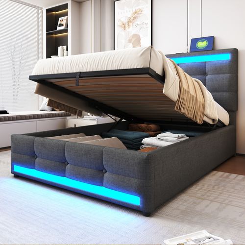 Lit Coffre LED 90x200cm, Lit Enfant Avec Sommier Relevable Et USB, Lin, Gris