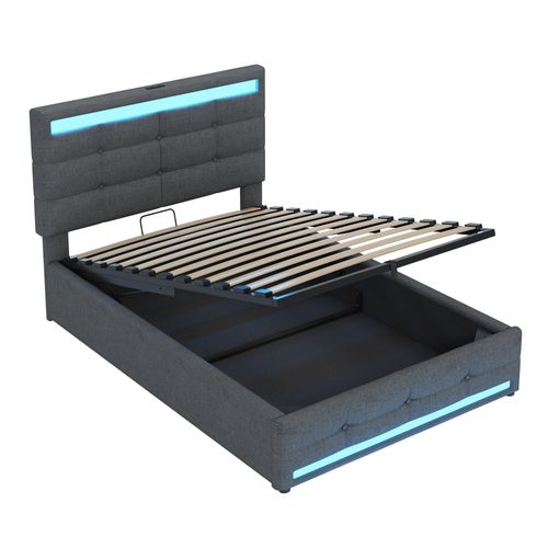 Lit Coffre LED 90x200cm, Lit Enfant Avec Sommier Relevable Et USB, Lin, Gris