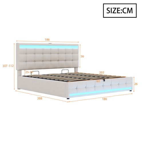 Lit Coffre LED 180x200cm, Lit Adulte Avec Sommier Relevable Et USB, Lin, Beige