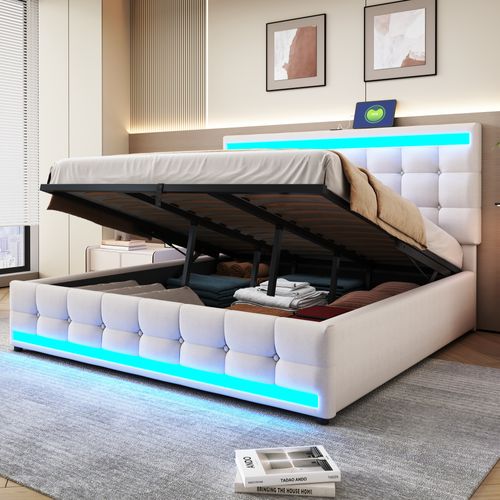 Lit Coffre LED 180x200cm, Lit Adulte Avec Sommier Relevable Et USB, Lin, Beige