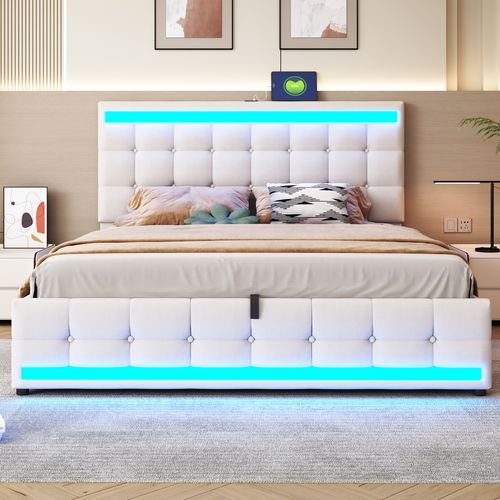 Lit Coffre LED 180x200cm, Lit Adulte Avec Sommier Relevable Et USB, Lin, Beige