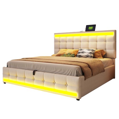 Lit Coffre LED 180x200cm, Lit Adulte Avec Sommier Relevable Et USB, Lin, Beige
