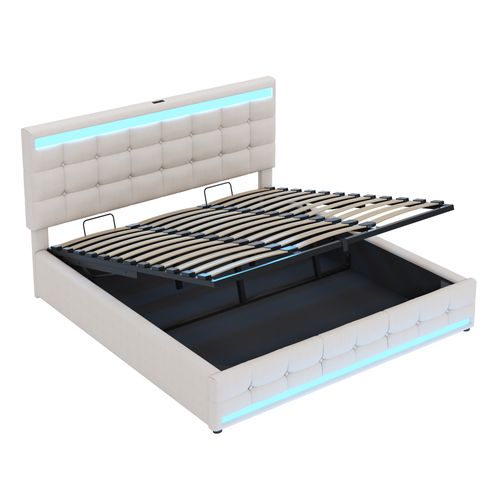 Lit Coffre LED 180x200cm, Lit Adulte Avec Sommier Relevable Et USB, Lin, Beige