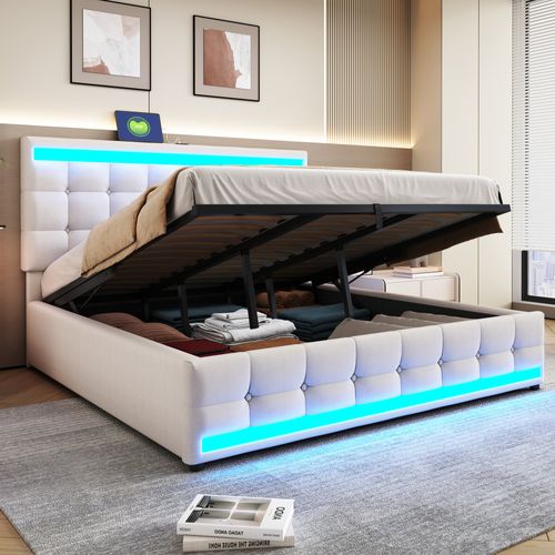 Lit Coffre LED 180x200cm, Lit Adulte Avec Sommier Relevable Et USB, Lin, Beige