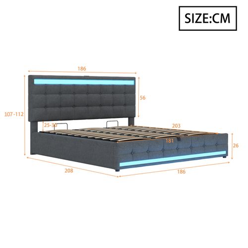 Lit Coffre LED 180x200cm, Lit Adulte Avec Sommier Relevable Et USB, Lin, Gris