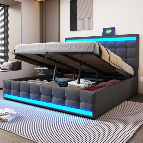 Lit Coffre LED 180x200cm, Lit Adulte Avec Sommier Relevable Et USB, Lin, Gris