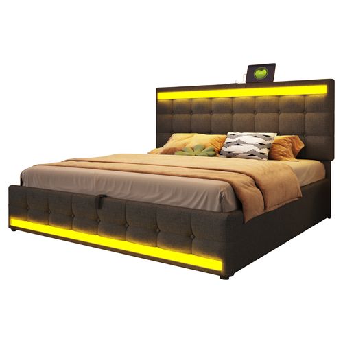 Lit Coffre LED 180x200cm, Lit Adulte Avec Sommier Relevable Et USB, Lin, Gris