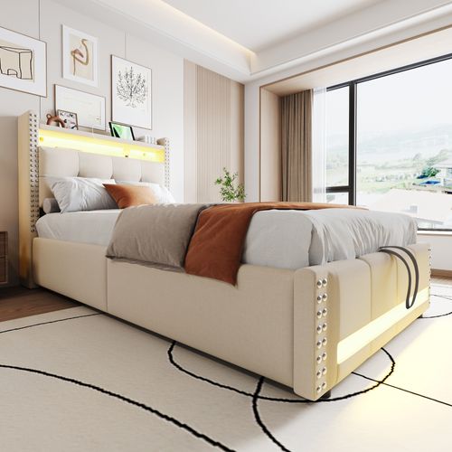 Lit Coffre Enfant 90x200cm Avec LED, Port De Charge, Sommier Et Étagères, Lin, Gris