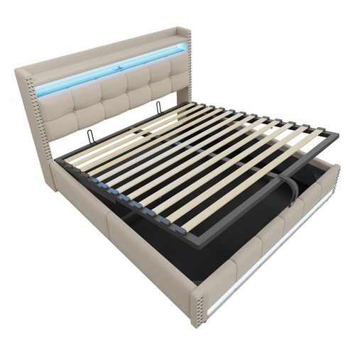 Lit Coffre 180x200cm, Lit 2 Places Avec LED, Port De Charge, Sommier Et Rangement, Lin, Beige