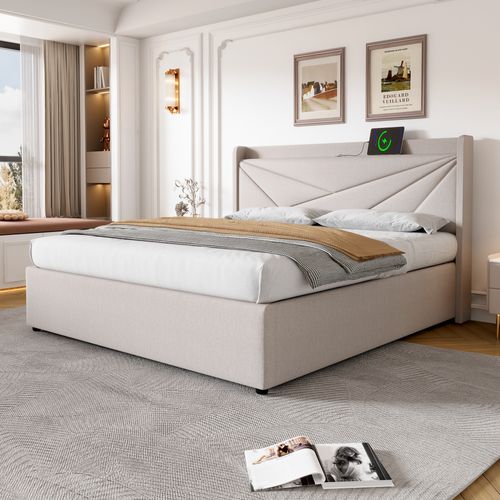 Lit Coffre 140x200cm 2 Places Avec Rangement Et Port De Charge, Sommier, Coton Et Lin, Beige