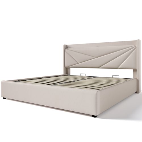 Lit Coffre 140x200cm 2 Places Avec Rangement Et Port De Charge, Sommier, Coton Et Lin, Beige