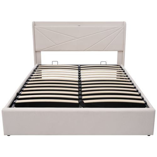 Lit Coffre 140x200cm 2 Places Avec Rangement Et Port De Charge, Sommier, Coton Et Lin, Beige