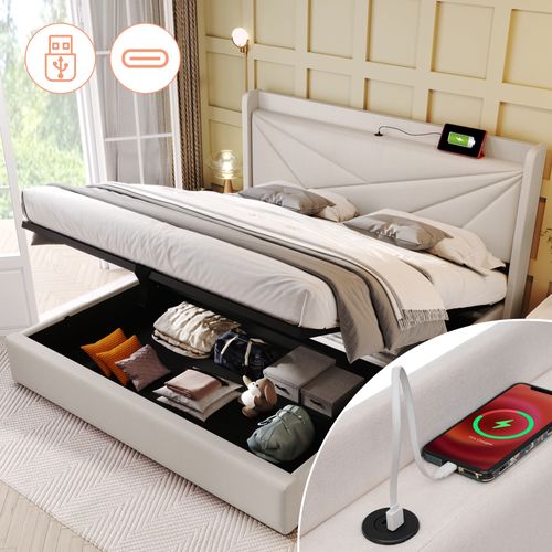 Lit Coffre 160x200cm 2 Places Avec Rangement Et Port De Charge, Sommier, Coton Et Lin, Beige