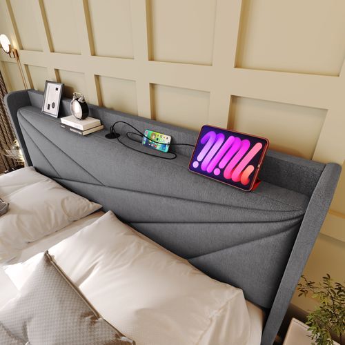 Lit Coffre 140x200cm 2 Places Avec Rangement Et Port De Charge, Sommier, Coton Et Lin, Gris