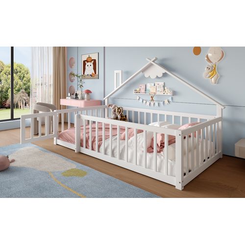 Lit Cabane Enfant 90x190cm Avec Sommier, Barrières Et Petite Porte, Lit Au Sol, En Pin Blanc