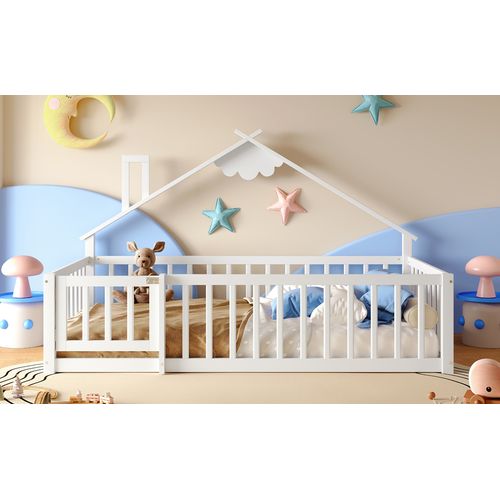 Lit Cabane Enfant 90x190cm Avec Sommier, Barrières Et Petite Porte, Lit Au Sol, En Pin Blanc