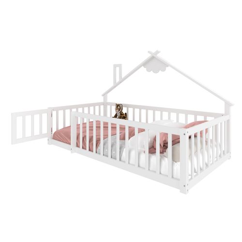 Lit Cabane Enfant 90x190cm Avec Sommier, Barrières Et Petite Porte, Lit Au Sol, En Pin Blanc