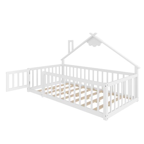 Lit Cabane Enfant 90x190cm Avec Sommier, Barrières Et Petite Porte, Lit Au Sol, En Pin Blanc
