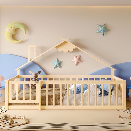 Lit Cabane Enfant 90x190cm Avec Sommier, Barrières Et Petite Porte, Lit Au Sol, Pin, Naturel