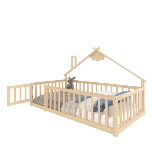 Lit Cabane Enfant 90x190cm Avec Sommier, Barrières Et Petite Porte, Lit Au Sol, Pin, Naturel