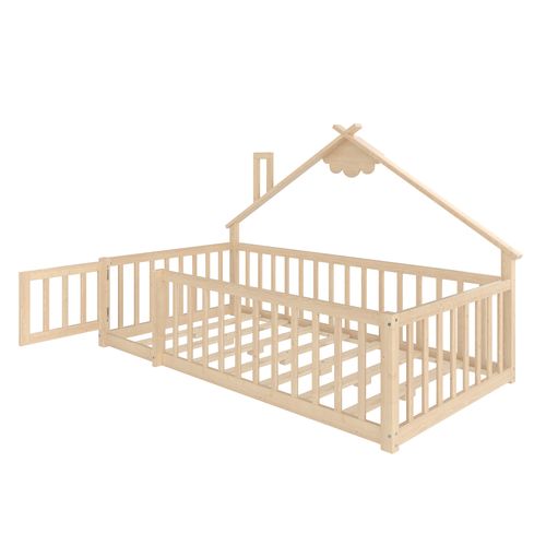 Lit Cabane Enfant 90x190cm Avec Sommier, Barrières Et Petite Porte, Lit Au Sol, Pin, Naturel