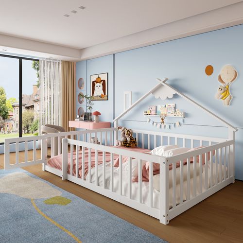 Lit Cabane Enfant 140x190cm Avec Sommier, Barrières Et Petite Porte, Lit Double Au Sol, Pin, Blanc