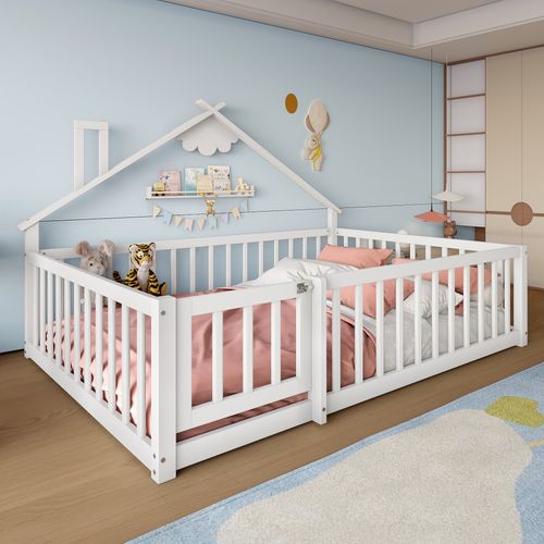 Lit Cabane Enfant 140x190cm Avec Sommier, Barrières Et Petite Porte, Lit Double Au Sol, Pin, Blanc