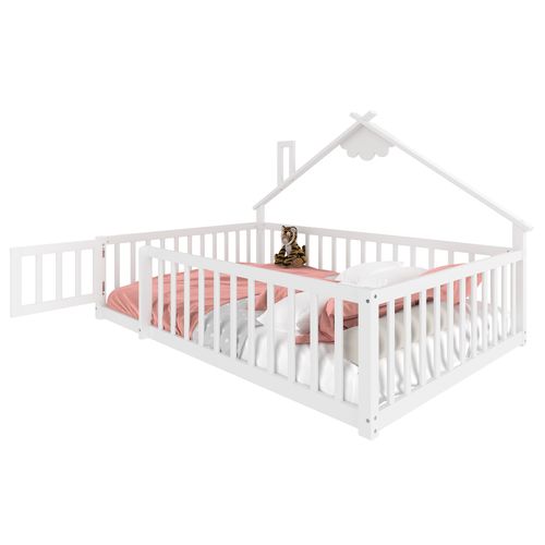 Lit Cabane Enfant 140x190cm Avec Sommier, Barrières Et Petite Porte, Lit Double Au Sol, Pin, Blanc