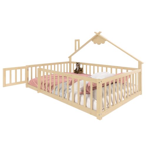 Lit Cabane Enfant 140x190cm, Sommier, Barrières Et Petite Porte, Lit Double Au Sol, Pin, Naturel