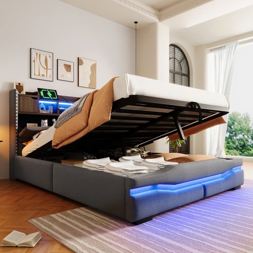 Lit Coffre Adulte 140x200cm Avec LED, Tête De Lit Réglable Avec Rangement Et Port USB-c, Lin, Gris