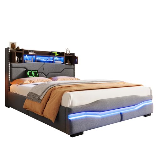 Lit Coffre Adulte 140x200cm Avec LED, Tête De Lit Réglable Avec Rangement Et Port USB-c, Lin, Gris
