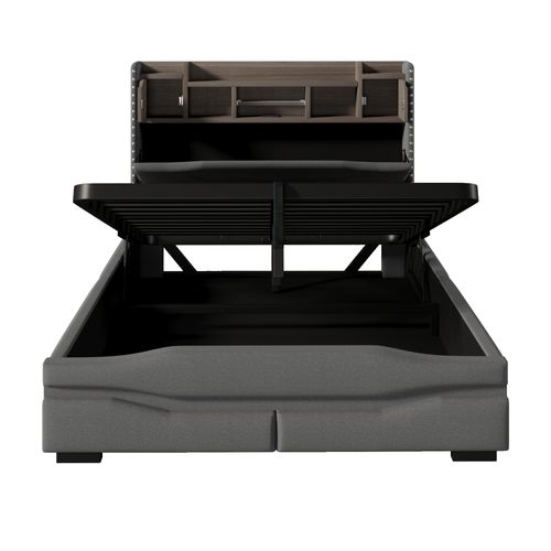 Lit Coffre Adulte 140x200cm Avec LED, Tête De Lit Réglable Avec Rangement Et Port USB-c, Lin, Gris