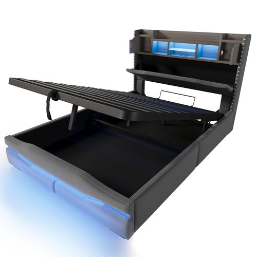 Lit Coffre Adulte 140x200cm Avec LED, Tête De Lit Réglable Avec Rangement Et Port USB-c, Lin, Gris