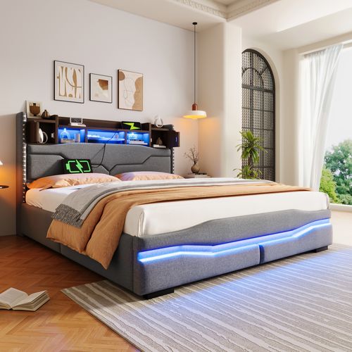Lit Coffre Adulte 160x200cm Avec LED, Tête De Lit Réglable Avec Rangement Et Port USB-c, Lin, Gris