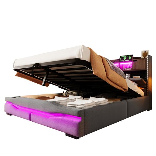 Lit Coffre Adulte 160x200cm Avec LED, Tête De Lit Réglable Avec Rangement Et Port USB-c, Lin, Gris