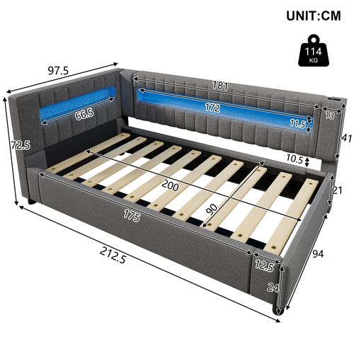 Lit Coffre Enfant 90x200cm, Lit De Jour Avec Éclairage LED, Port USB-c, En Lin Gris