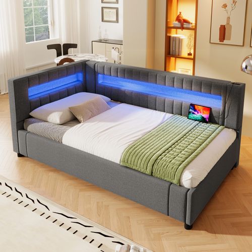 Lit Coffre Enfant 90x200cm, Lit De Jour Avec Éclairage LED, Port USB-c, En Lin Gris