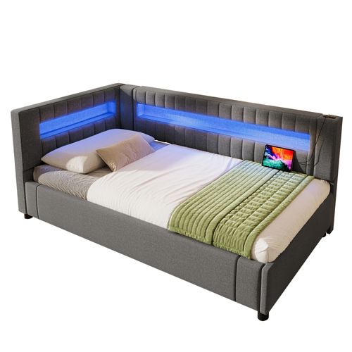 Lit Coffre Enfant 90x200cm, Lit De Jour Avec Éclairage LED, Port USB-c, En Lin Gris