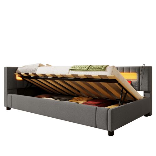 Lit Coffre Enfant 90x200cm, Lit De Jour Avec Éclairage LED, Port USB-c, En Lin Gris