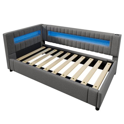 Lit Coffre Enfant 90x200cm, Lit De Jour Avec Éclairage LED, Port USB-c, En Lin Gris