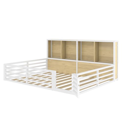 Lit Enfant Double 140x200cm, Lit Au Sol Avec LED Et Rangement, Barrières Et Petite Porte, Mdf Blanc