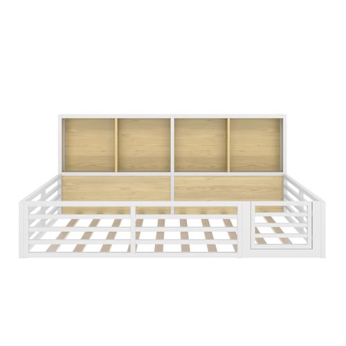 Lit Enfant Double 140x200cm, Lit Au Sol Avec LED Et Rangement, Barrières Et Petite Porte, Mdf Blanc