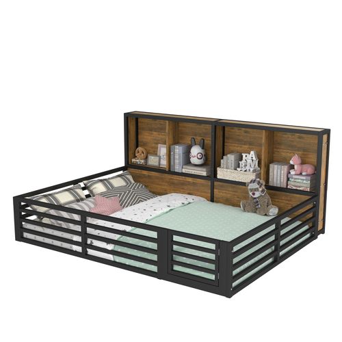 Lit Enfant Double 140x200cm, Lit Au Sol Avec LED Et Rangement, Barrières Et Petite Porte, Mdf Noir