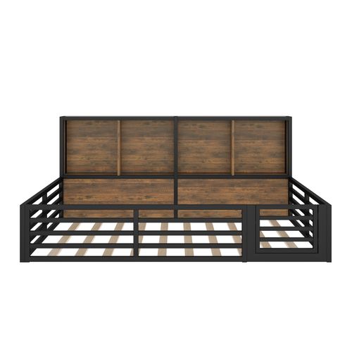 Lit Enfant Double 140x200cm, Lit Au Sol Avec LED Et Rangement, Barrières Et Petite Porte, Mdf Noir