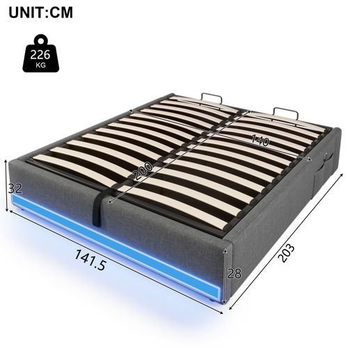 Lit Coffre Adulte 140x200cm Avec LED Et Port De Charge, Sommier Relevable, Lin, Gris