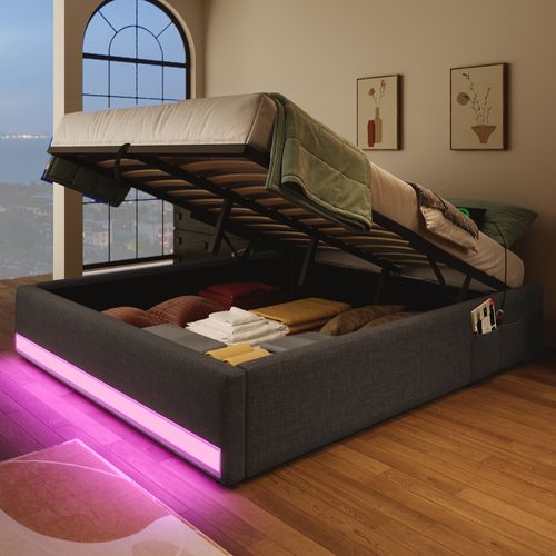 Lit Coffre Adulte 140x200cm Avec LED Et Port De Charge, Sommier Relevable, Lin, Gris
